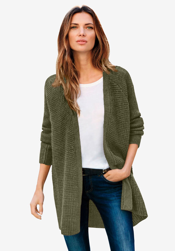 Denim & Co Olive Green Open Front Cable Detail Long Sweater Cardigan New 